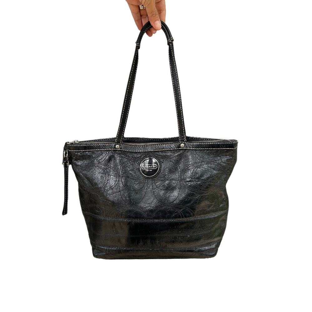 Coach Black embossed C patent leather tote shoulder bag